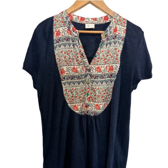 Anthropologie Postmark cotton navy blue top w/ floral frieze bib detail - Picture 2 of 4